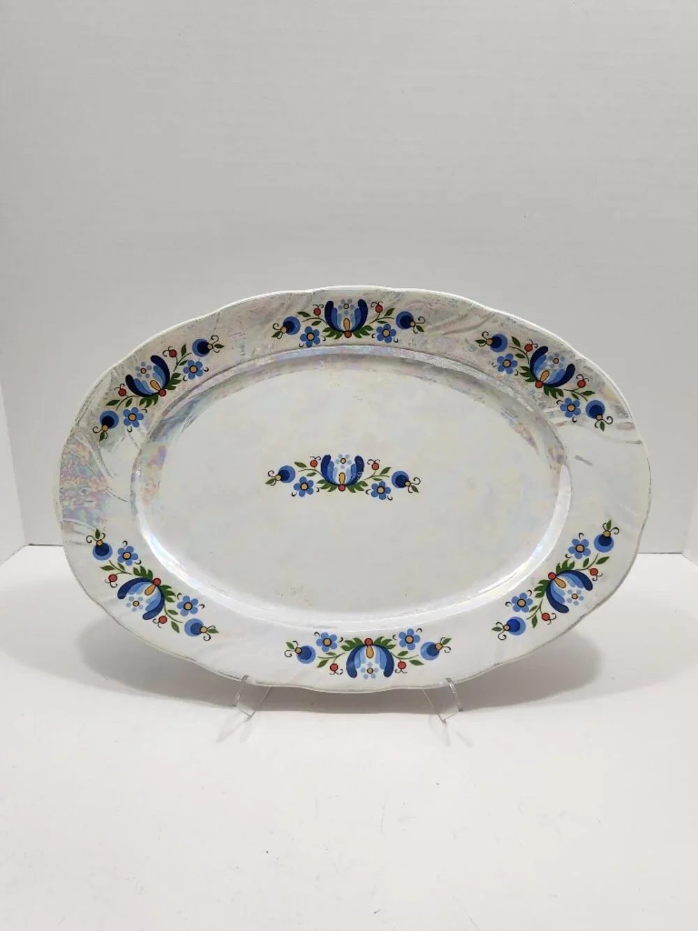 VTG 1980s Polish Kashubian Floral Folk Art Oval Lusterware Platter